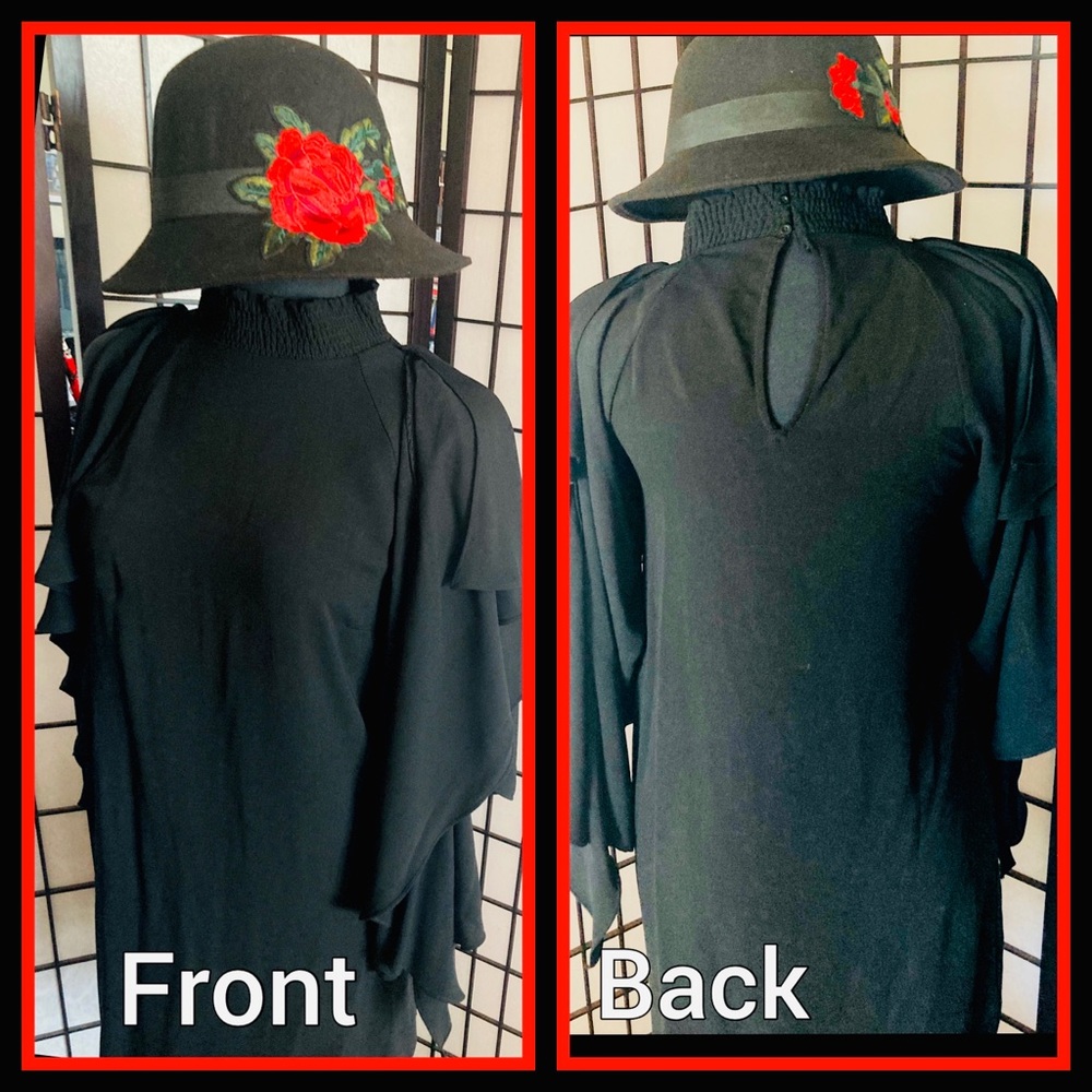 Black floral hat and Black Dress
